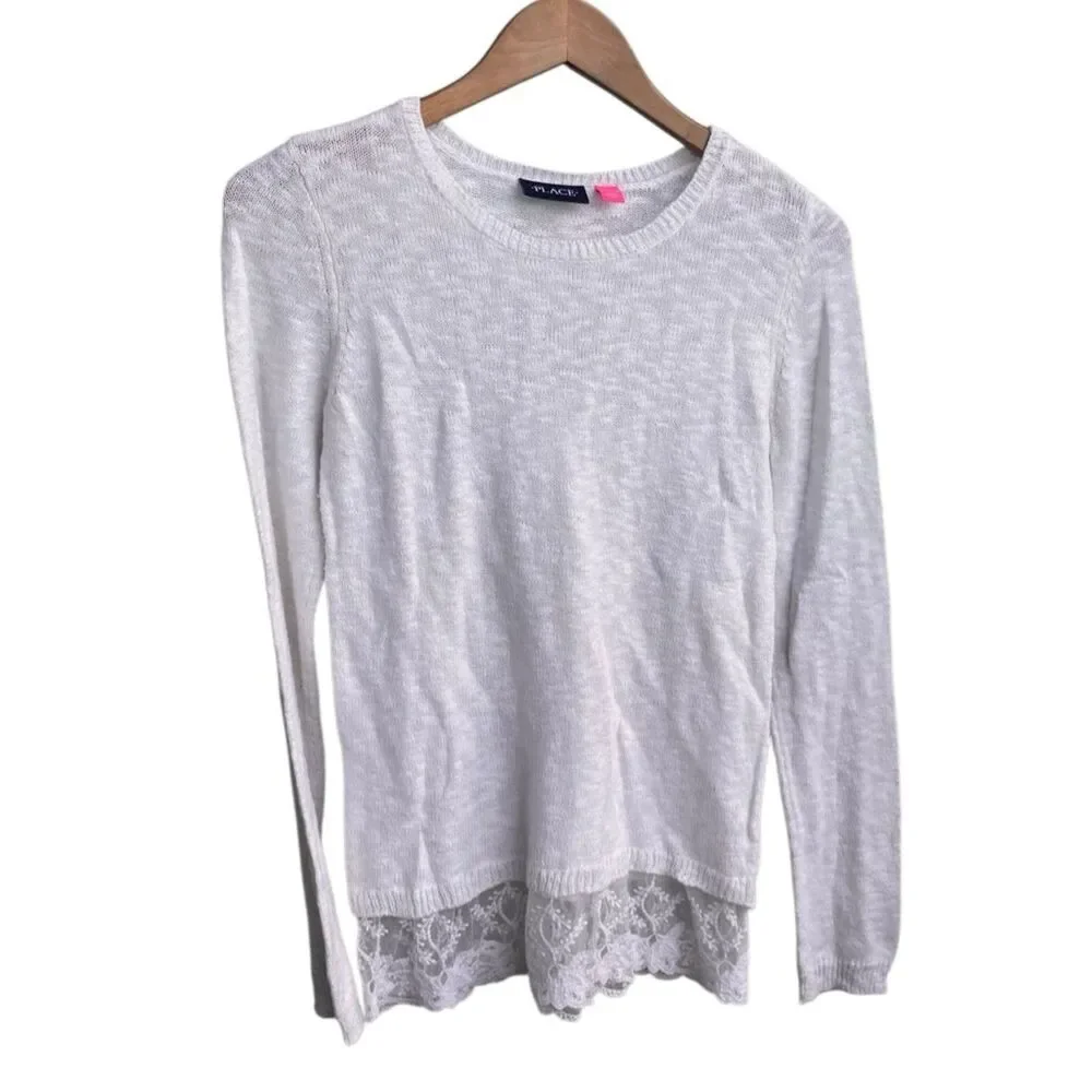 The Children’s Place White Knit Spring Sweater Lace Hem Girls L (10/12)